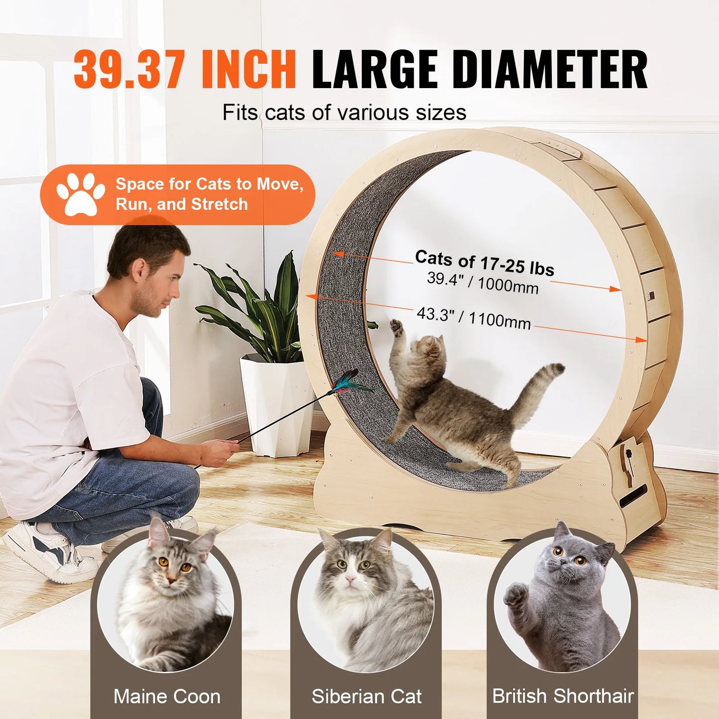 SucceBuy Large Wooden Cat Exercise Wheel, Indoor Cat Treadmill Wheel with Detachable Carpet and Interactive Cat Tease