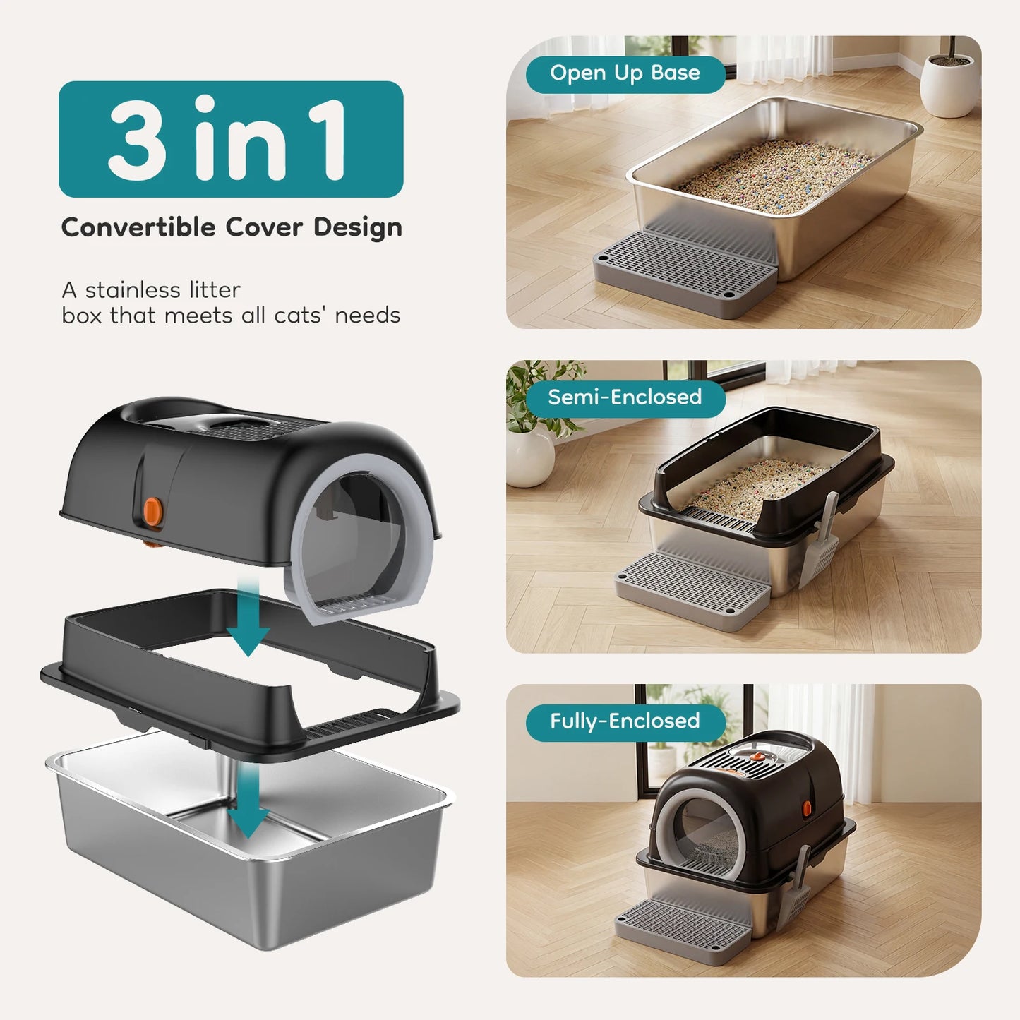 JHK 24-Inch Stainless Steel Cat Litter Box, Fully Enclosed 30L Extra-Large Cat Box for Big Cats, Includes Scoop & Litter Mat