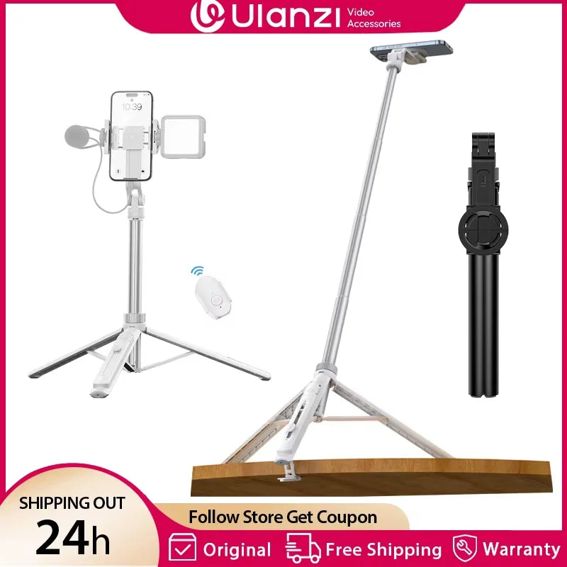 Ulanzi TT88 Phone Tripod, 1.44m Extendable Overhead Selfie Stick with Magnetic Phone Clamp and Wireless Remote for Live Streaming, Vlogging & Content Creation