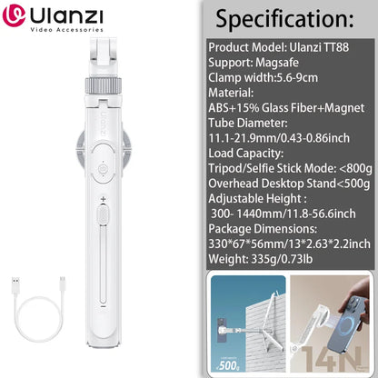 Ulanzi TT88 Phone Tripod, 1.44m Extendable Overhead Selfie Stick with Magnetic Phone Clamp and Wireless Remote for Live Streaming, Vlogging & Content Creation