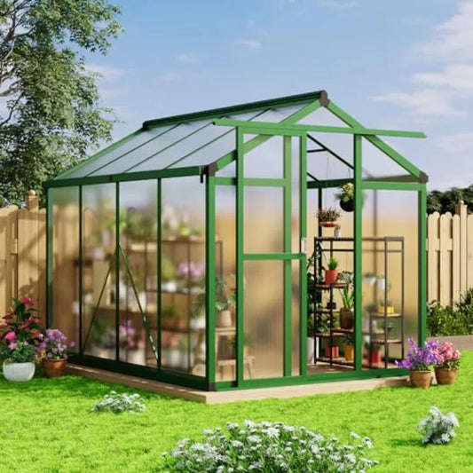Outdoor large aluminum walk-in house with heavy-duty polycarbonate panels, gray roof vent ground nails, for garden, backyard, patio