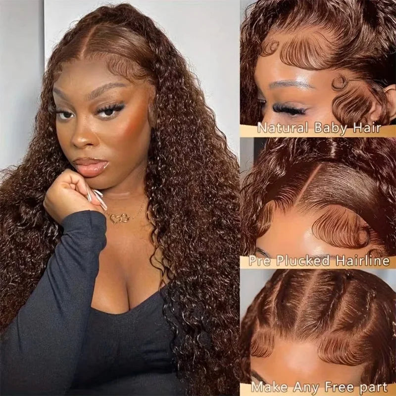 36-Inch Chocolate Brown Human Hair Lace Front Wig for Women, 220% Density, 13x6/13x4 HD Transparent Lace Frontal Wig, Curly Deep Wave Brazilian Style, Pre-Plucked Natural Look