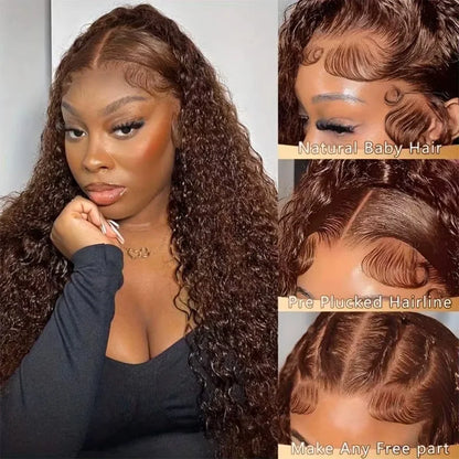 36-Inch Chocolate Brown Human Hair Lace Front Wig for Women, 220% Density, 13x6/13x4 HD Transparent Lace Frontal Wig, Curly Deep Wave Brazilian Style, Pre-Plucked Natural Look