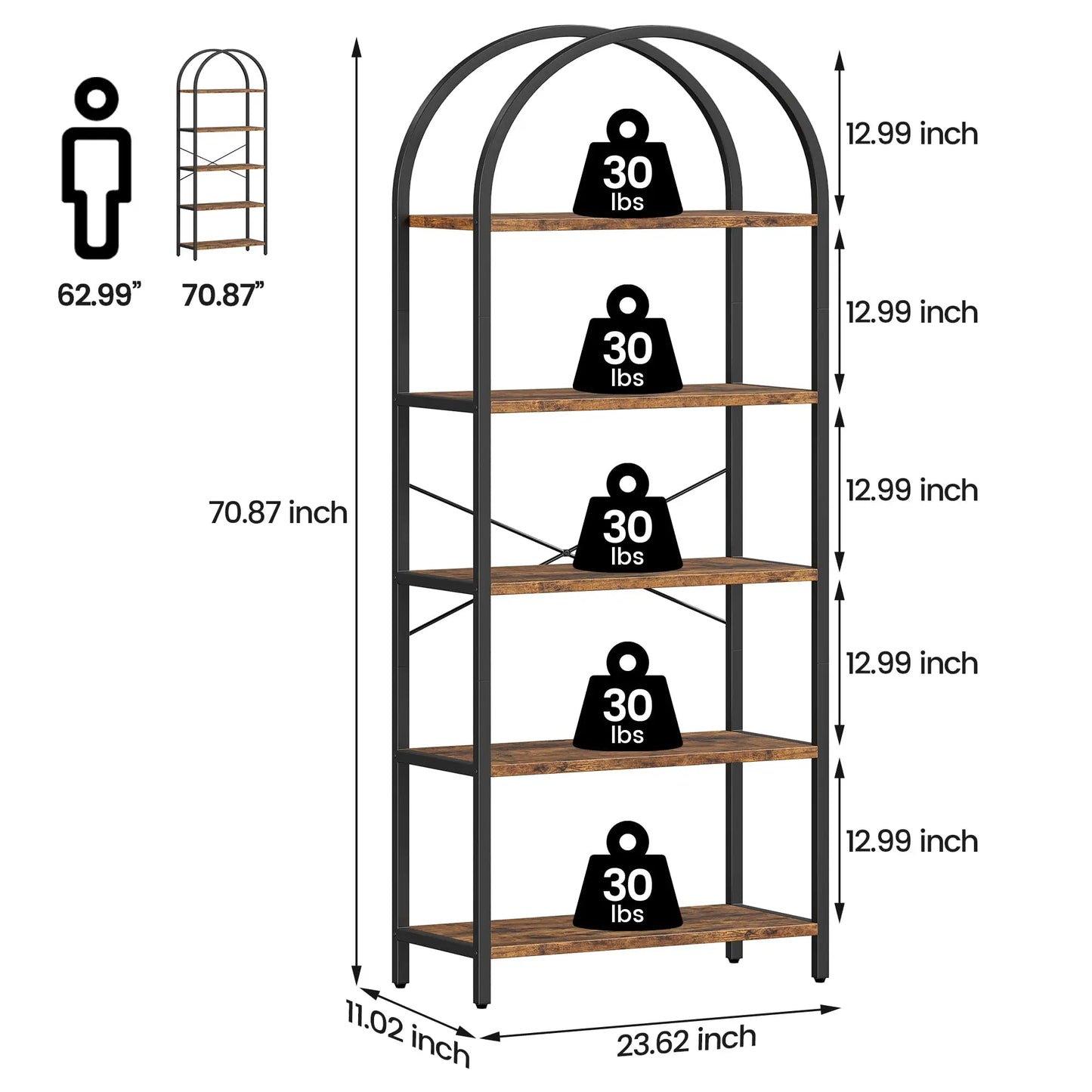 71-Inch Arched Bookshelf | 5-Tier Open Bookcase | Industrial Metal Frame Shelving Unit