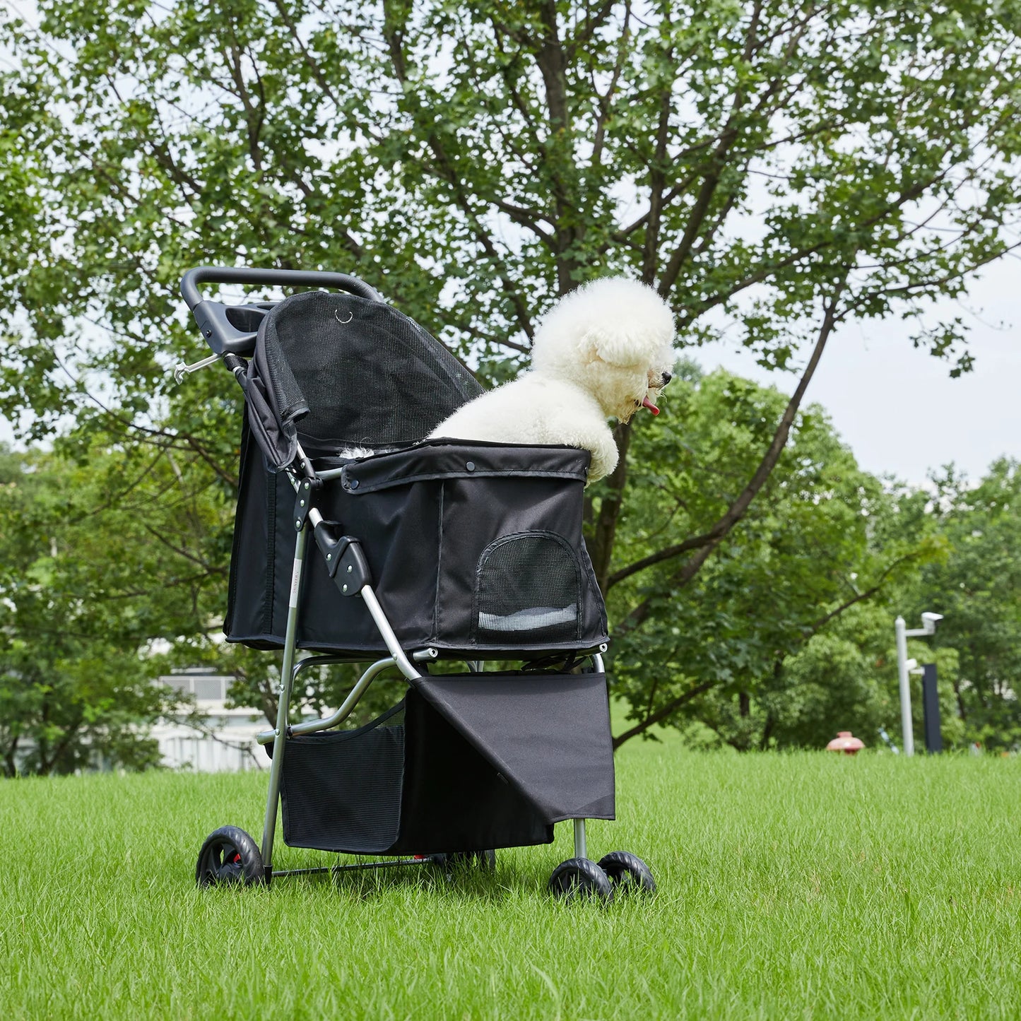 JHK 3-Wheel Pet Stroller | Foldable Design | Mesh Windows | Storage Basket & Cup Holder