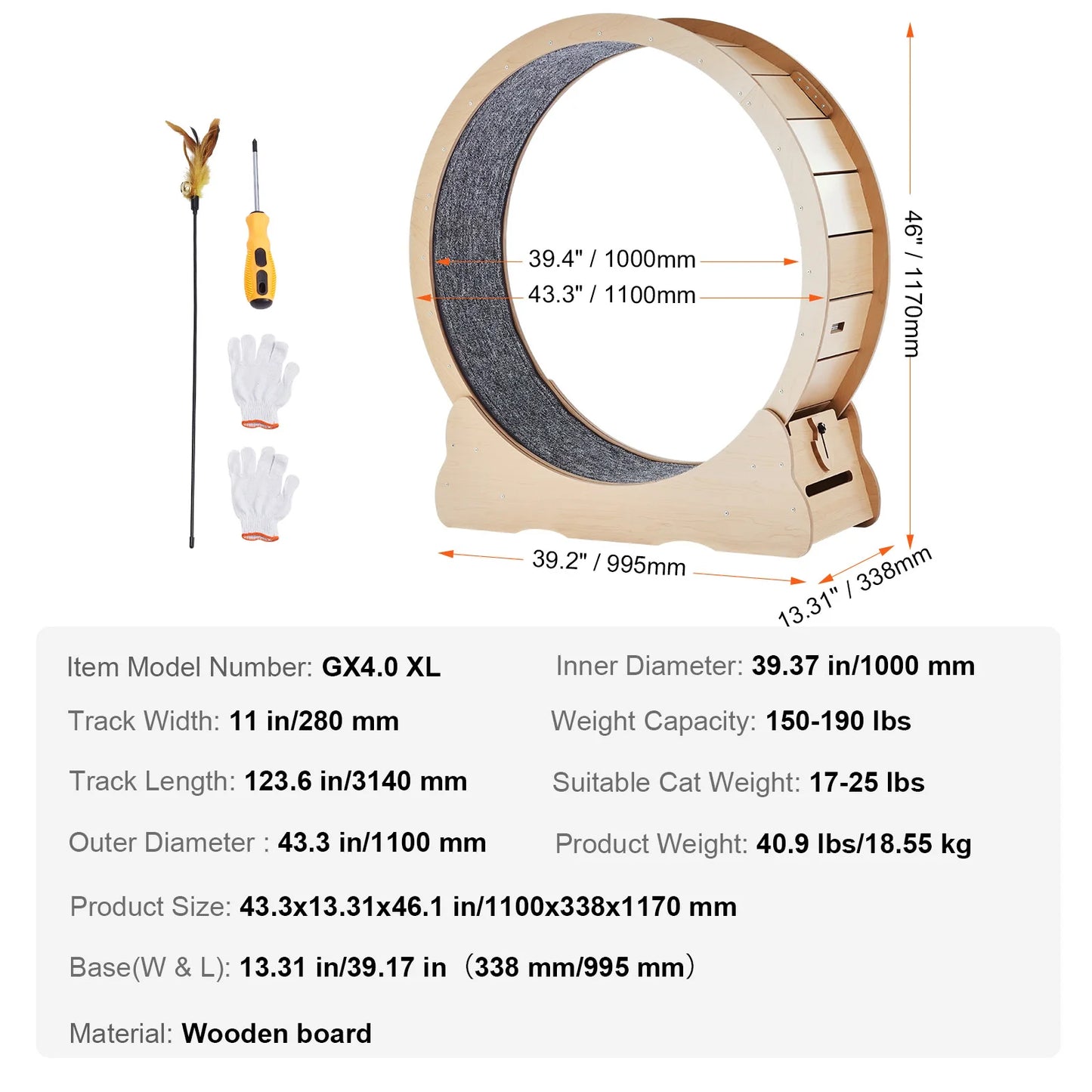 SucceBuy Large Wooden Cat Exercise Wheel, Indoor Cat Treadmill Wheel with Detachable Carpet and Interactive Cat Tease