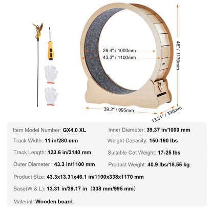 SucceBuy Large Wooden Cat Exercise Wheel, Indoor Cat Treadmill Wheel with Detachable Carpet and Interactive Cat Tease