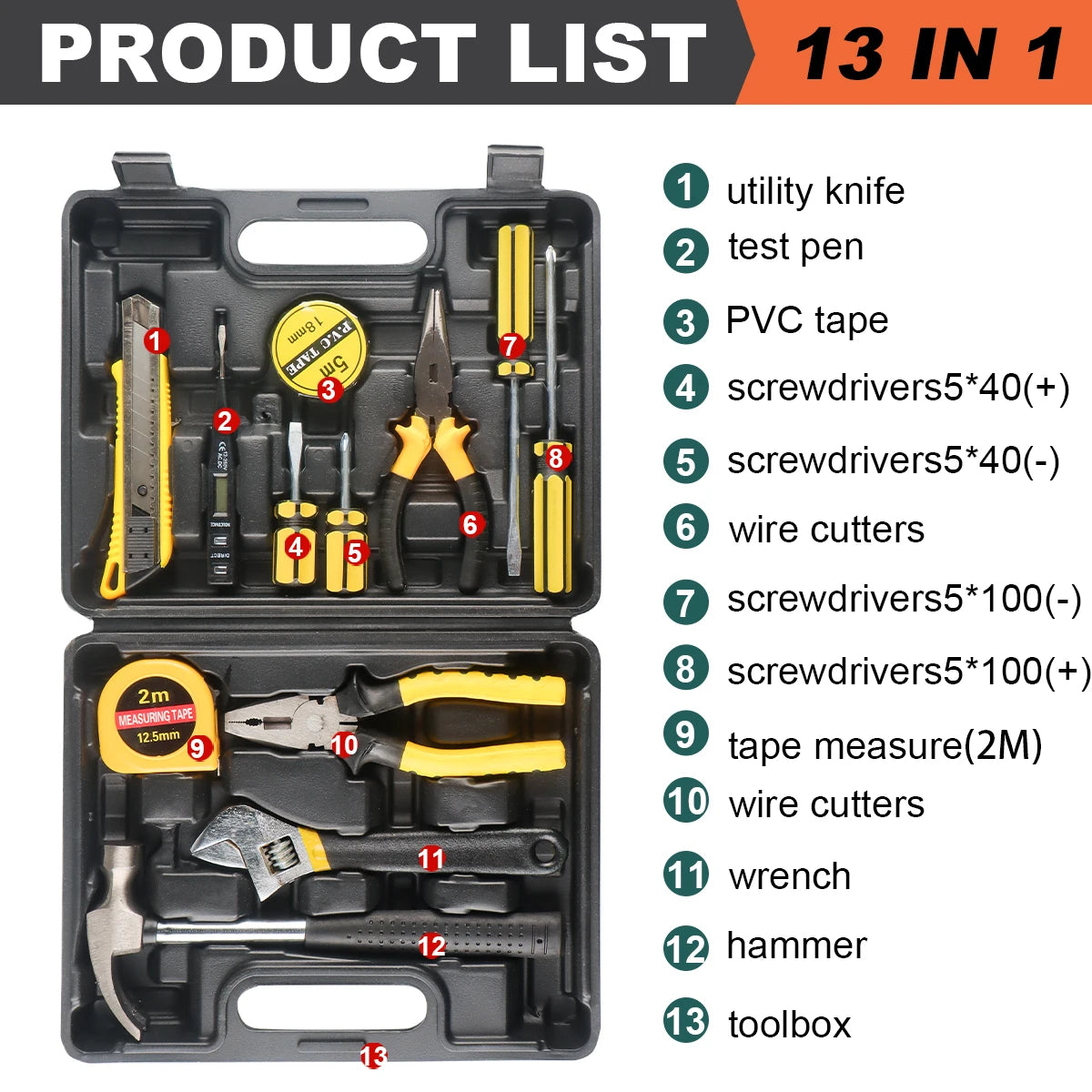 Household Hand Tool Set | 8/9/12/13-Piece | Portable Plastic Toolbox | Home & Auto Repair Kit