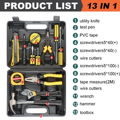 Household Hand Tool Set | 8/9/12/13-Piece | Portable Plastic Toolbox | Home & Auto Repair Kit