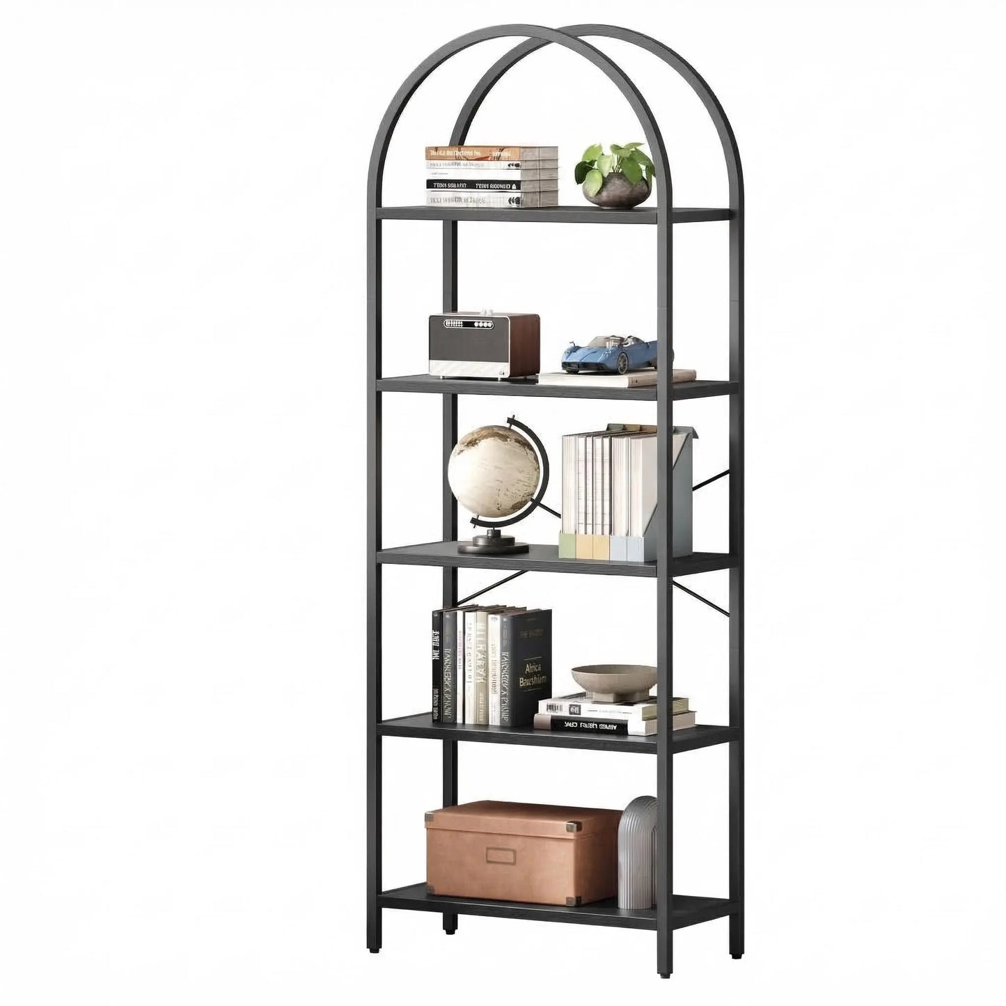 71-Inch Arched Bookshelf | 5-Tier Open Bookcase | Industrial Metal Frame Shelving Unit