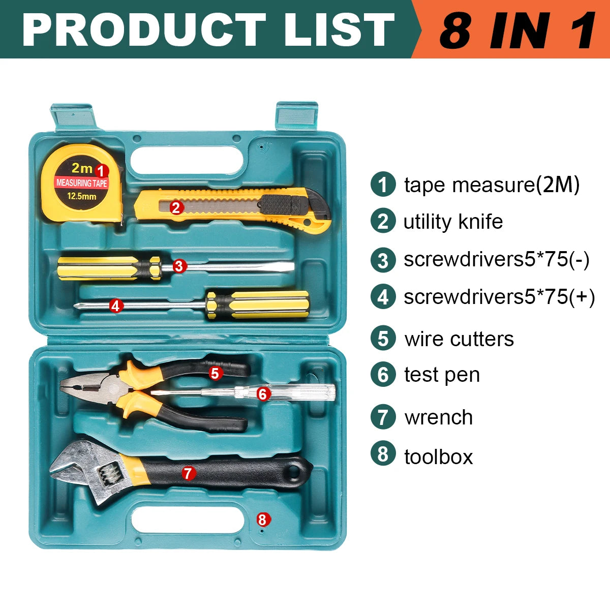Household Hand Tool Set | 8/9/12/13-Piece | Portable Plastic Toolbox | Home & Auto Repair Kit