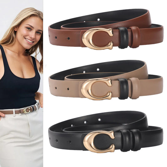 Women's Double-Sided Fashion Belt, Reversible Waist Belt with C-Shaped Buckle, Smooth Finish for Dresses, Jeans & Trousers