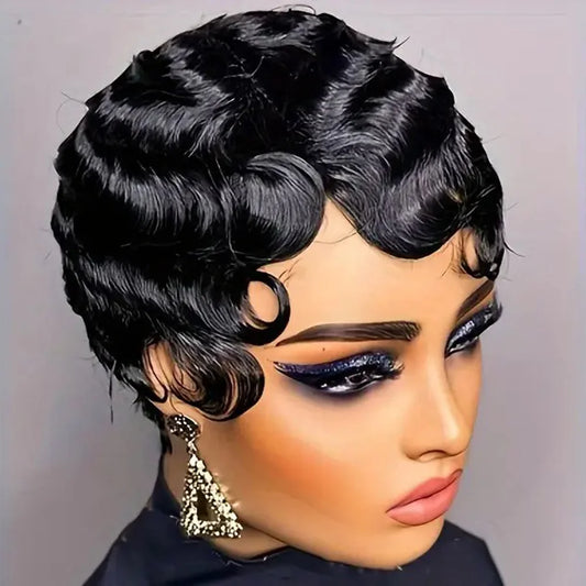 Short Finger Wave Human Hair Wig | Brown Pixie Cut | Ocean Wave Style | Natural Color