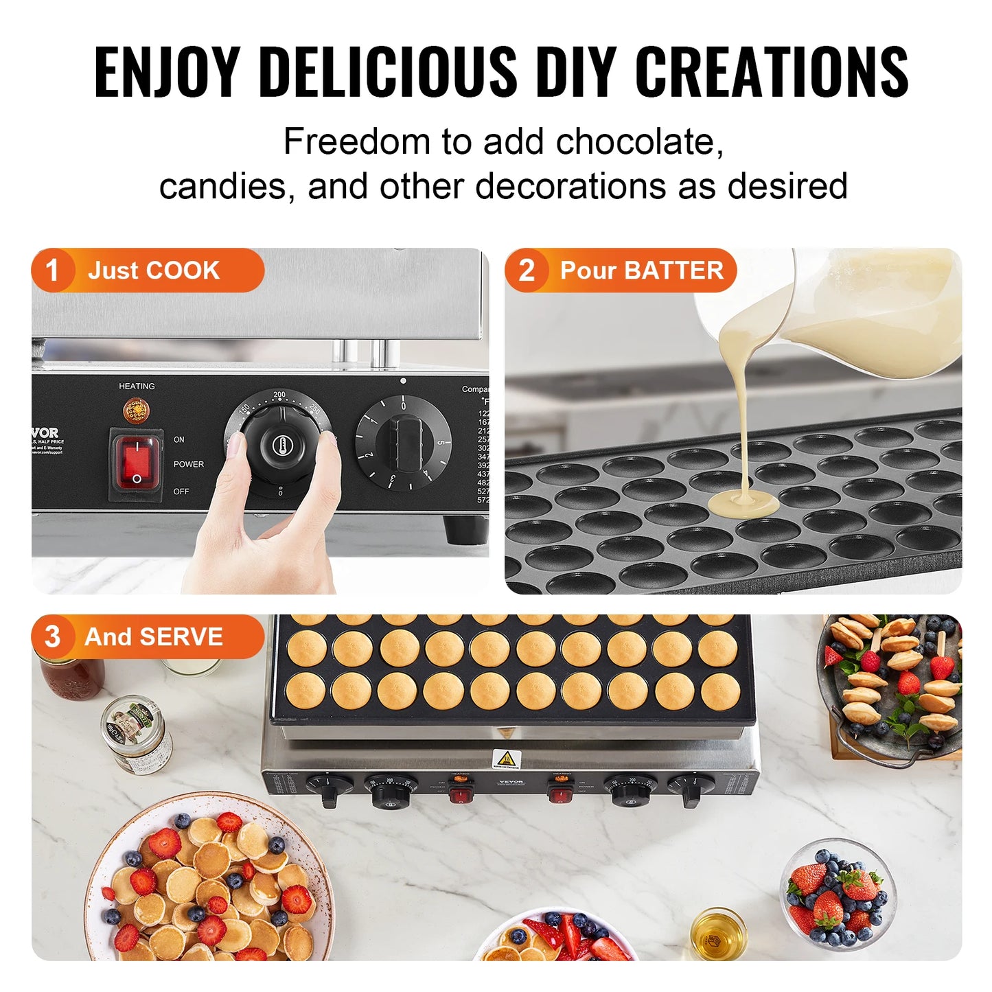 SucceBuy Commercial Mini Dutch Pancake Maker | 50-Cavity Non-Stick Plate | Dual Temperature & Timer Control