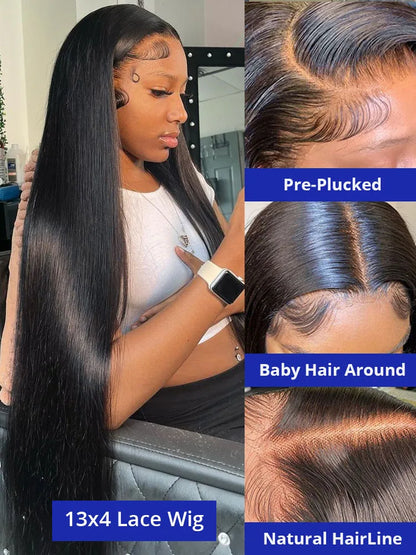 40-Inch Brazilian Bone Straight Human Hair Wig, 13x4 or 13x6 HD Transparent Lace Front Wig, 300% Density for Women