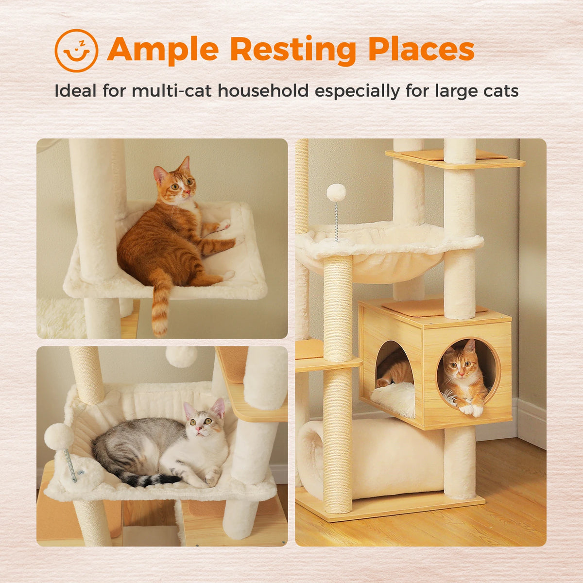 Adjustable Wooden Cat Tree | Floor-to-Ceiling Cat Tower | Large Hammock | Sisal Scratching Posts | Cozy Condo