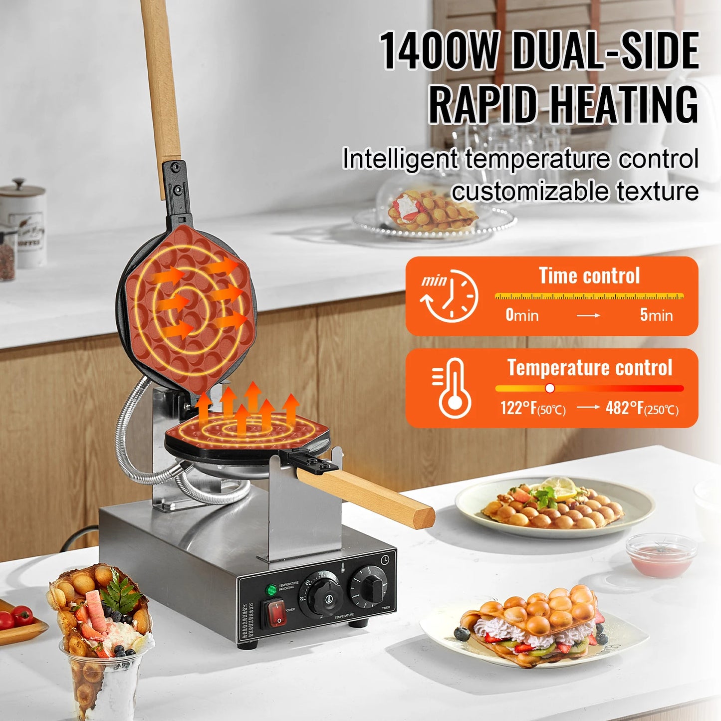 SucceBuy Commercial Egg Bubble Waffle Maker, 1400W Stainless Steel Waffle Machine with Non-Stick Dual Pans, 180° Rotating Design, and Wooden Handles