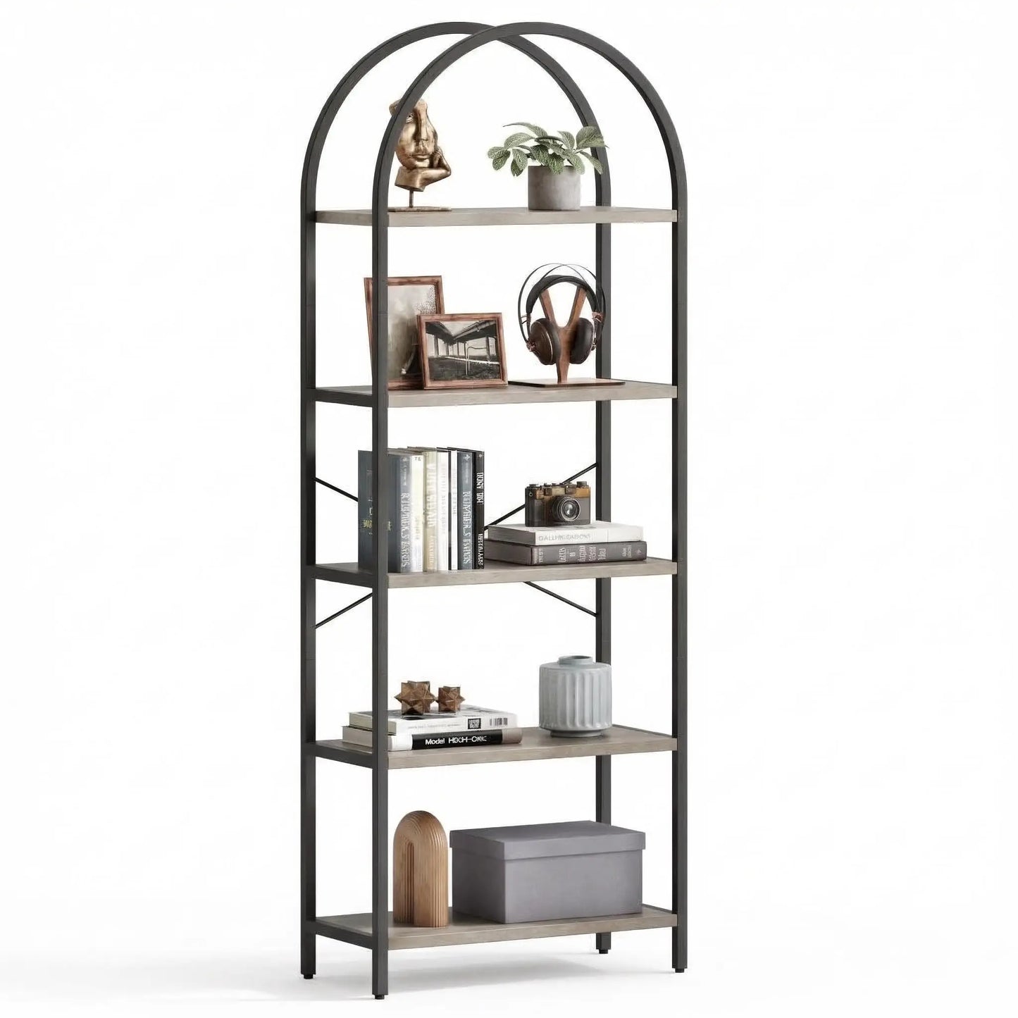 71-Inch Arched Bookshelf | 5-Tier Open Bookcase | Industrial Metal Frame Shelving Unit