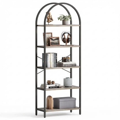 71-Inch Arched Bookshelf | 5-Tier Open Bookcase | Industrial Metal Frame Shelving Unit