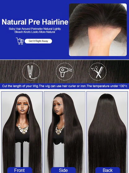 40-Inch Brazilian Bone Straight Human Hair Wig, 13x4 or 13x6 HD Transparent Lace Front Wig, 300% Density for Women