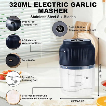 300ml Capacity Electric Garlic Chopper, Mini Portable Veggie Cutter, 4 Sharp Stainless Steel Blades Mini Electric Food Chopper, Compact Size, Easy to Clean, One-Touch Operation (Blue)