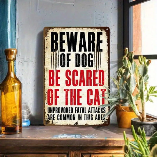 Funny Pet Warning Tin Sign | “Beware of Dog/Cat” Metal Wall Decor | 8x12 Inch Home & Office Decor