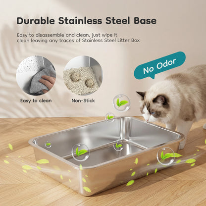 JHK 24-Inch Stainless Steel Cat Litter Box, Fully Enclosed 30L Extra-Large Cat Box for Big Cats, Includes Scoop & Litter Mat