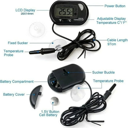 Electronic Aquarium Thermometer with Probe Sensor, Suction Cup Mount, LCD Display Water Temperature Monitor for Fish Tanks and Aquariums (Celsius °C)
