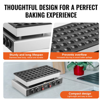 SucceBuy Commercial Mini Dutch Pancake Maker | 50-Cavity Non-Stick Plate | Dual Temperature & Timer Control