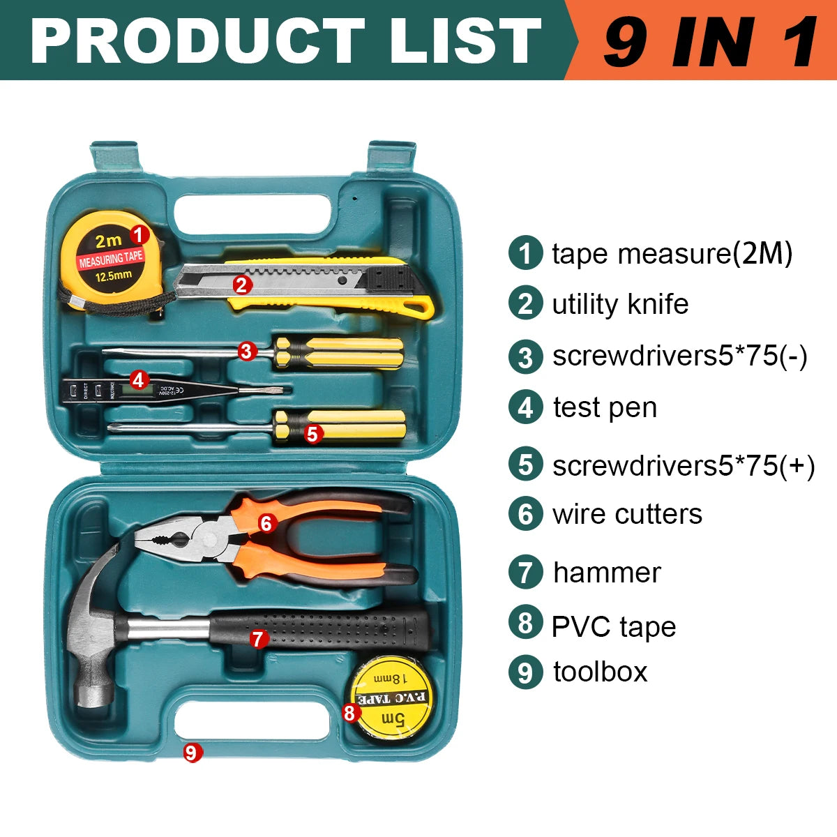 Household Hand Tool Set | 8/9/12/13-Piece | Portable Plastic Toolbox | Home & Auto Repair Kit