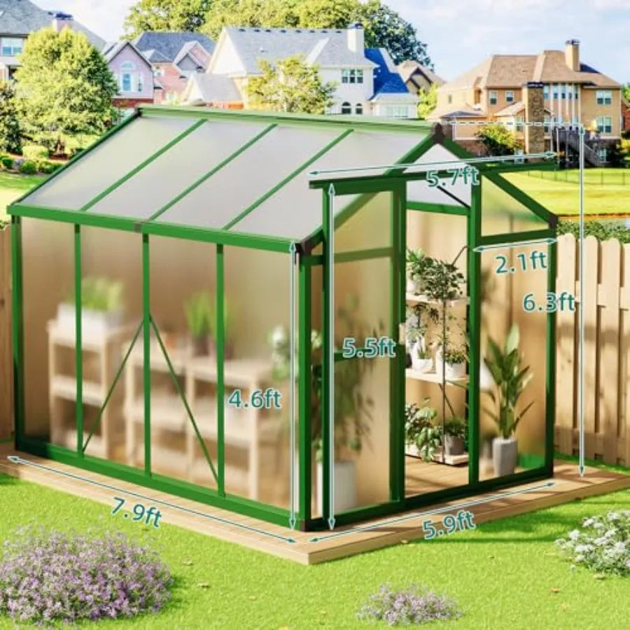 Outdoor large aluminum walk-in house with heavy-duty polycarbonate panels, gray roof vent ground nails, for garden, backyard, patio