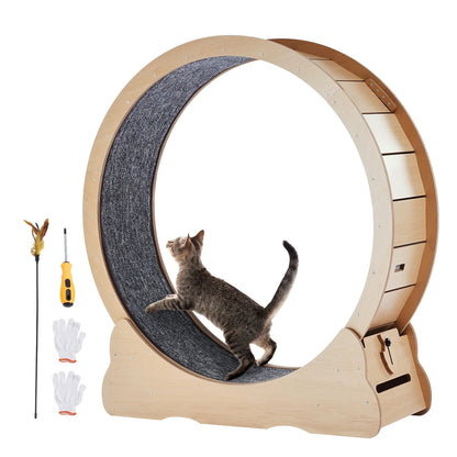 SucceBuy Large Wooden Cat Exercise Wheel, Indoor Cat Treadmill Wheel with Detachable Carpet and Interactive Cat Tease