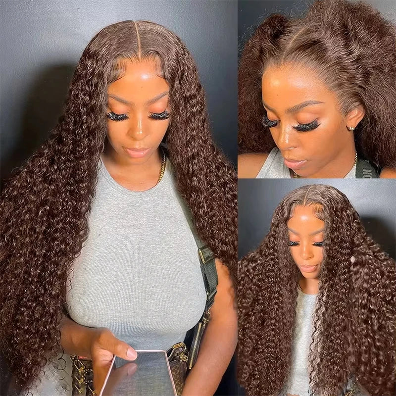 36-Inch Chocolate Brown Human Hair Lace Front Wig for Women, 220% Density, 13x6/13x4 HD Transparent Lace Frontal Wig, Curly Deep Wave Brazilian Style, Pre-Plucked Natural Look