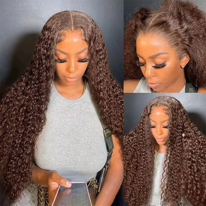 36-Inch Chocolate Brown Human Hair Lace Front Wig for Women, 220% Density, 13x6/13x4 HD Transparent Lace Frontal Wig, Curly Deep Wave Brazilian Style, Pre-Plucked Natural Look