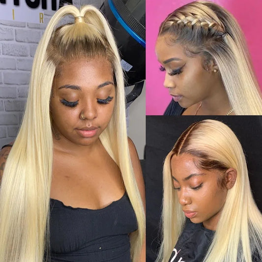 13x6 Lace Frontal Wig | 40" Brazilian Straight Human Hair | 1B/613 Ombre Blonde | Dark Root